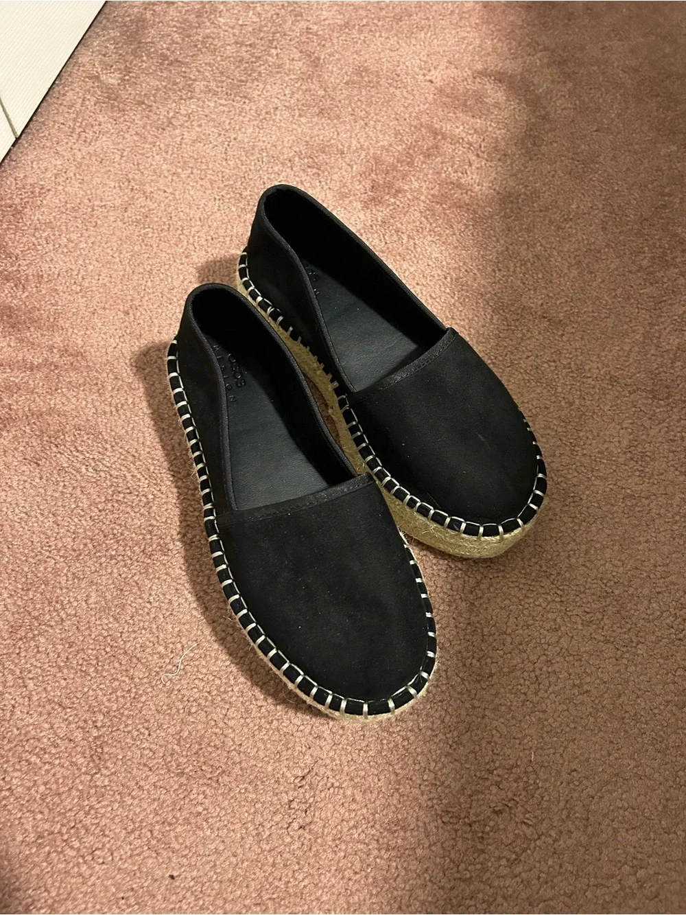 Black platform espadrille loafers with white stitching